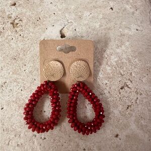 Elegant Gold Brushed & Red Beaded Earrings | Modern Chic Statement